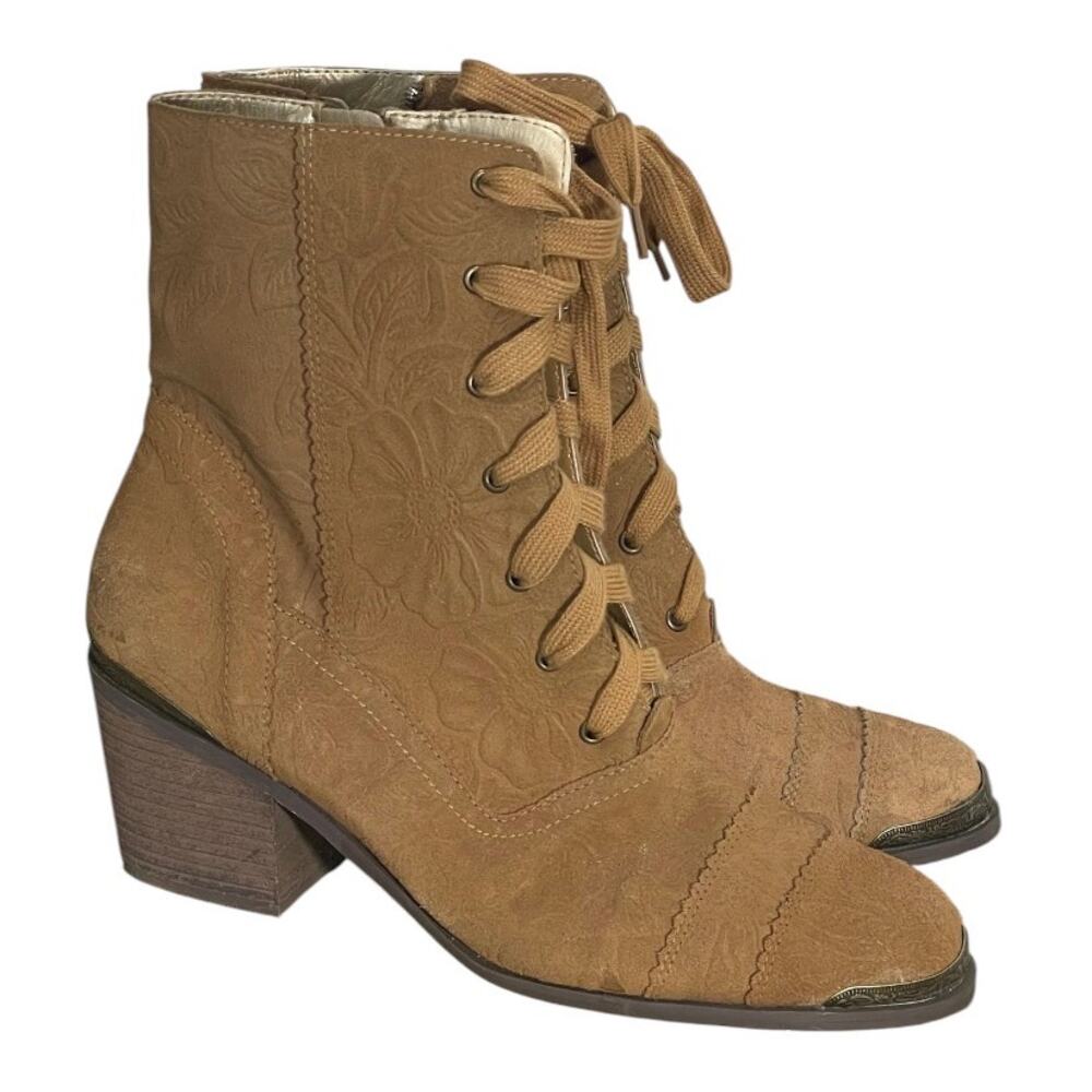 joyfolie embossed suede lace up ankle boots camel boho western heel
